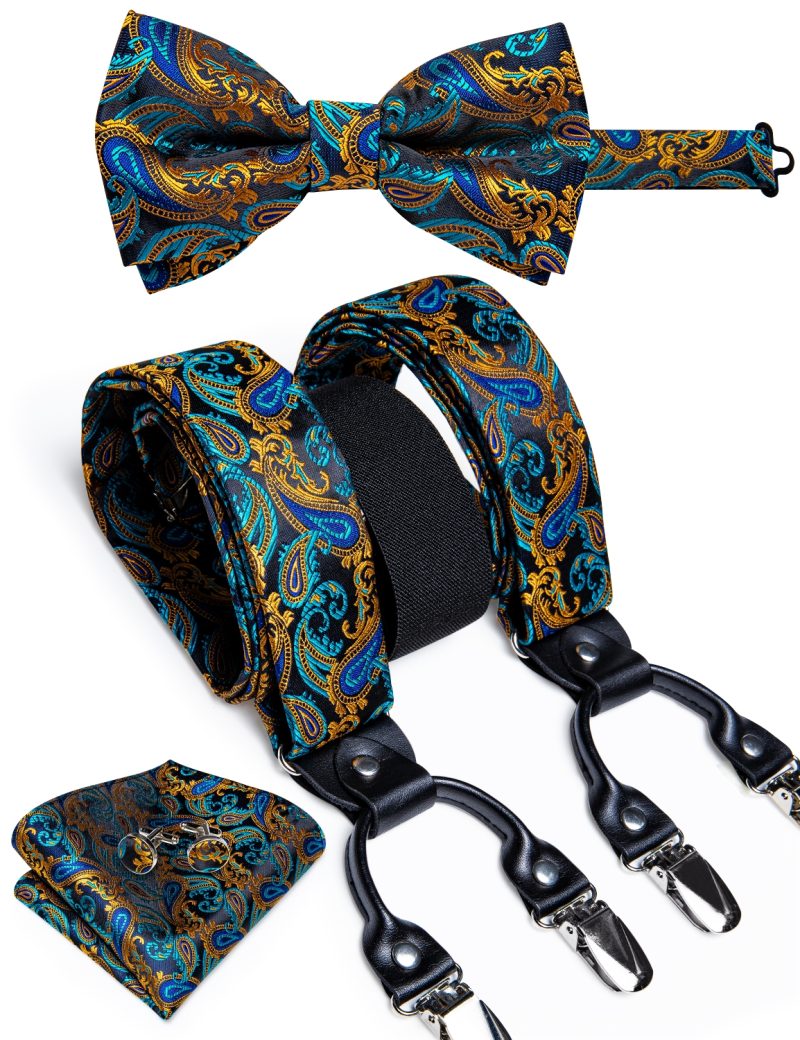 DiBanGu Luxury Purple Silk Men's Suspenders Leather Metal 6 Clips Adjustable Braces Pre-Tied Bow Tie Pocket Square Set 4008 - Image 30