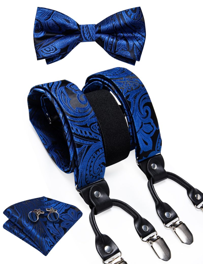 DiBanGu Luxury Purple Silk Men's Suspenders Leather Metal 6 Clips Adjustable Braces Pre-Tied Bow Tie Pocket Square Set 4008 - Image 31