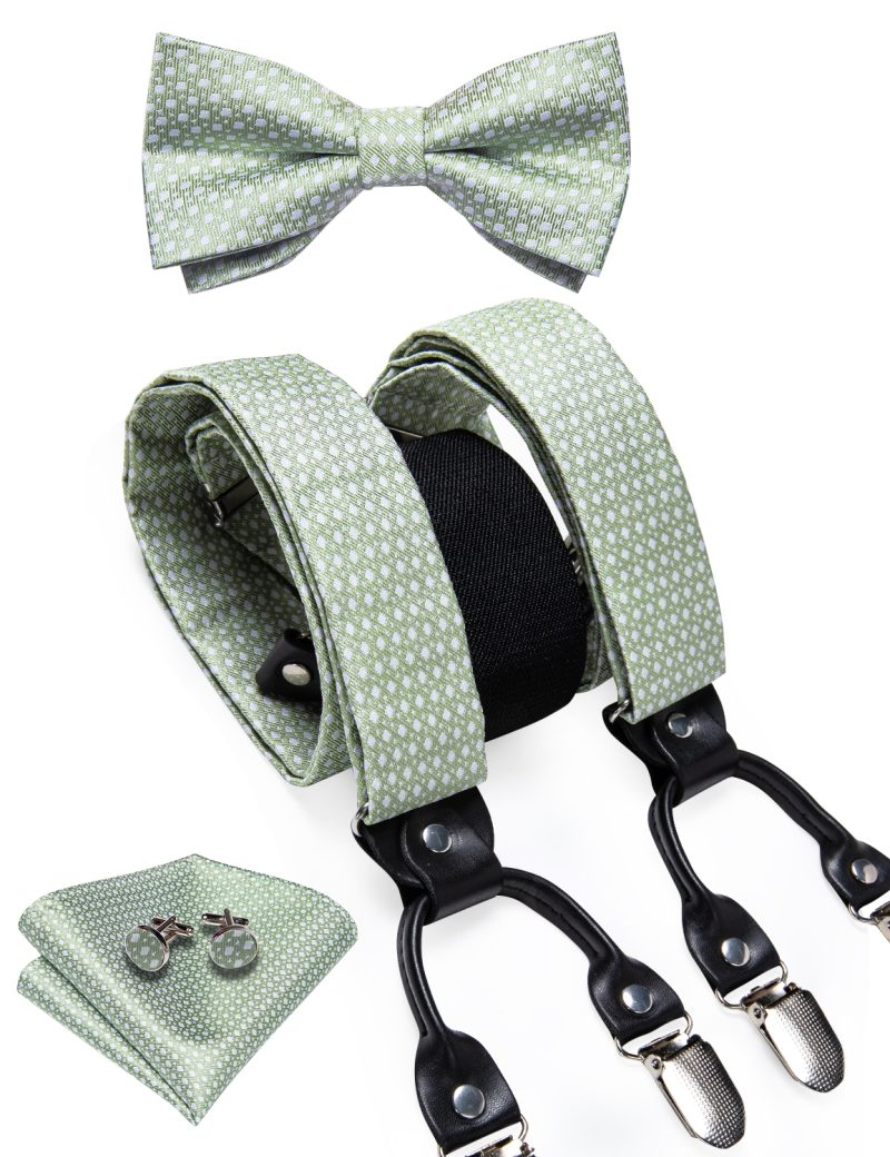 DiBanGu Luxury Purple Silk Men's Suspenders Leather Metal 6 Clips Adjustable Braces Pre-Tied Bow Tie Pocket Square Set 4008 - Image 32