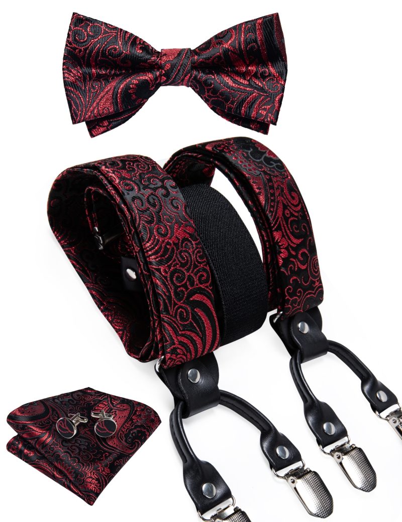 DiBanGu Luxury Purple Silk Men's Suspenders Leather Metal 6 Clips Adjustable Braces Pre-Tied Bow Tie Pocket Square Set 4008 - Image 34