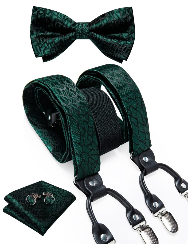 DiBanGu Luxury Purple Silk Men's Suspenders Leather Metal 6 Clips Adjustable Braces Pre-Tied Bow Tie Pocket Square Set 4008 - Image 35