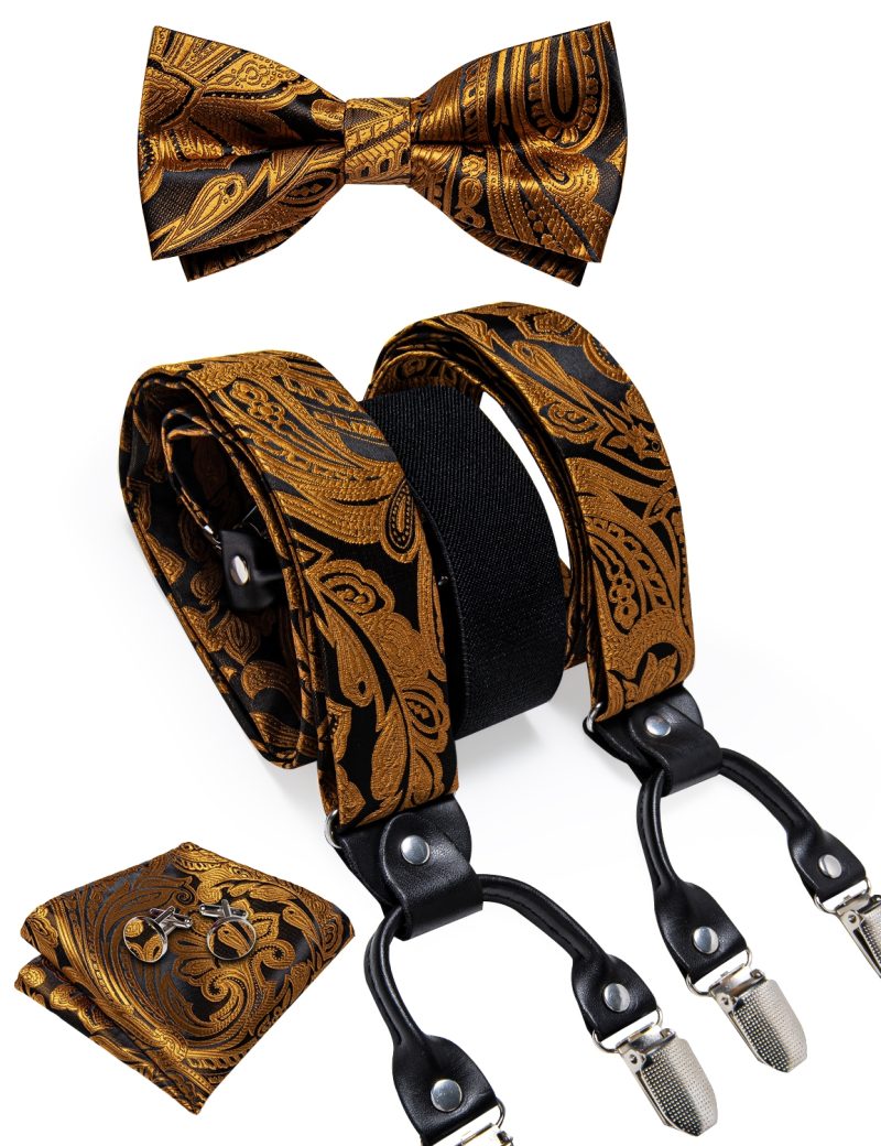 DiBanGu Luxury Purple Silk Men's Suspenders Leather Metal 6 Clips Adjustable Braces Pre-Tied Bow Tie Pocket Square Set 4008 - Image 36