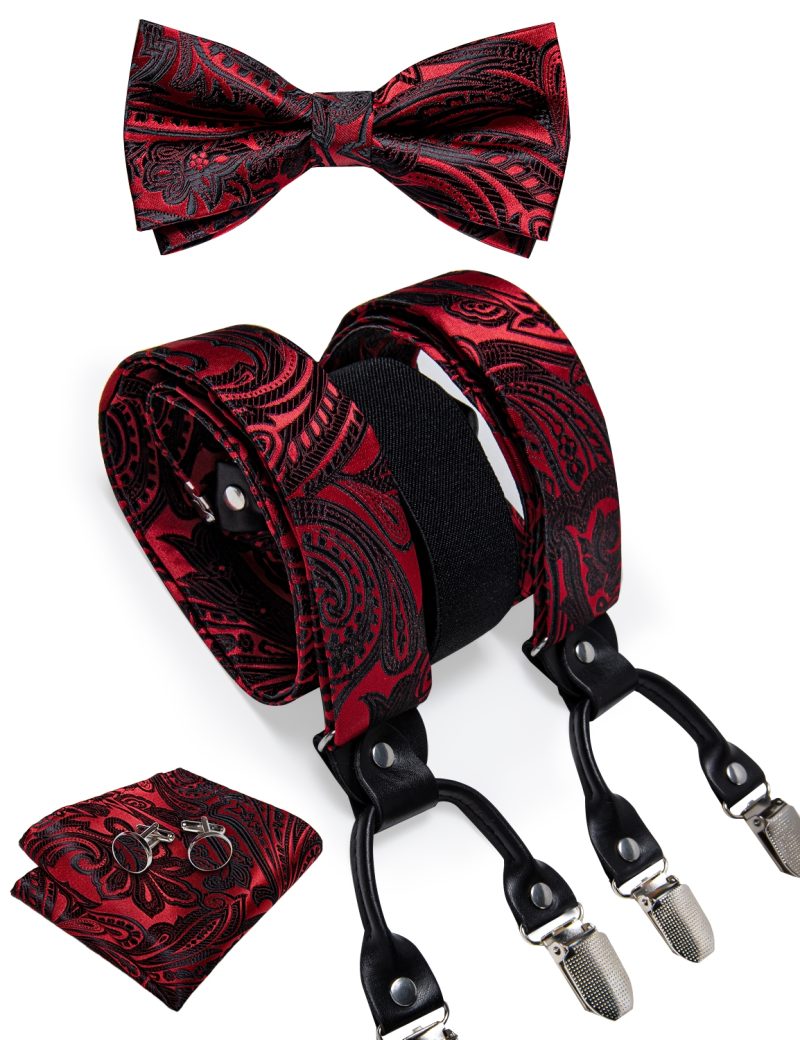 DiBanGu Luxury Purple Silk Men's Suspenders Leather Metal 6 Clips Adjustable Braces Pre-Tied Bow Tie Pocket Square Set 4008 - Image 37