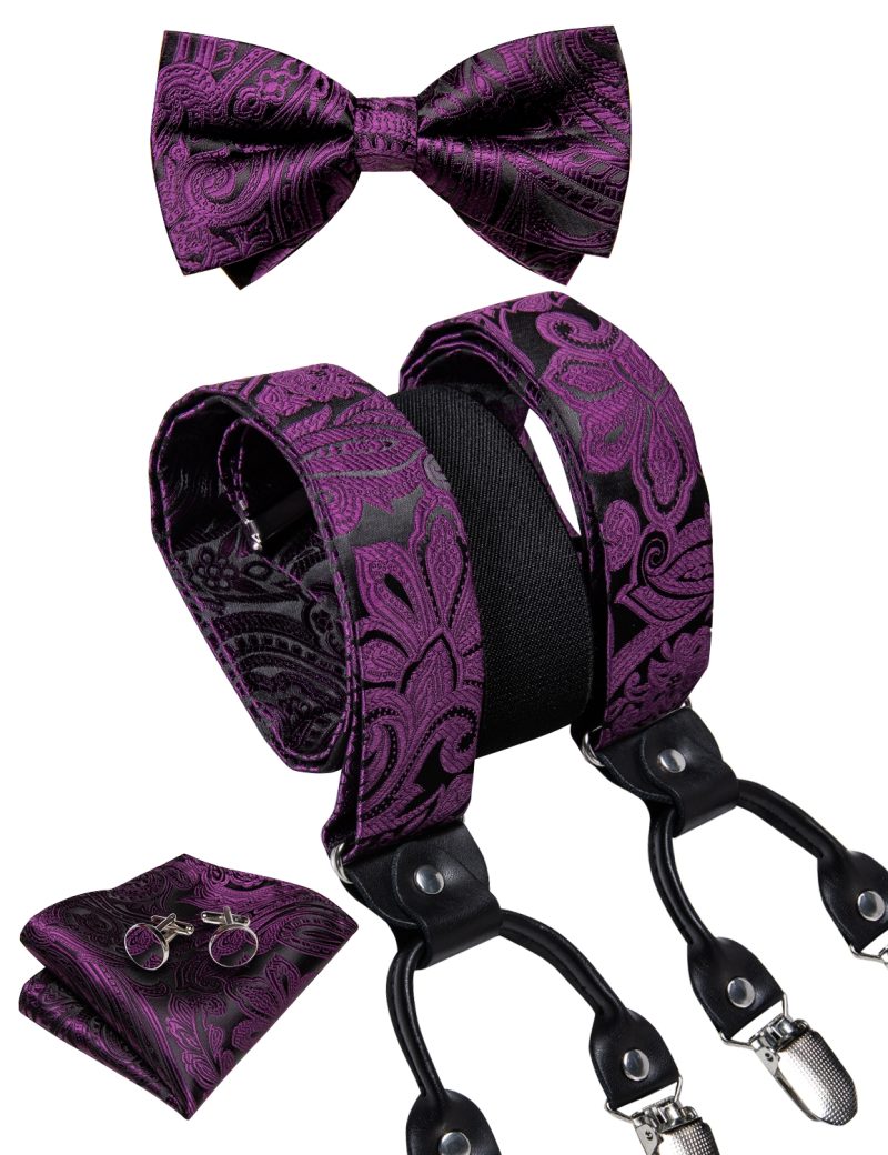 DiBanGu Luxury Purple Silk Men's Suspenders Leather Metal 6 Clips Adjustable Braces Pre-Tied Bow Tie Pocket Square Set 4008 - Image 38