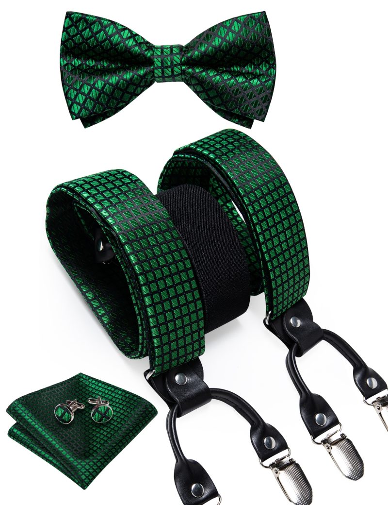 DiBanGu Luxury Purple Silk Men's Suspenders Leather Metal 6 Clips Adjustable Braces Pre-Tied Bow Tie Pocket Square Set 4008 - Image 39