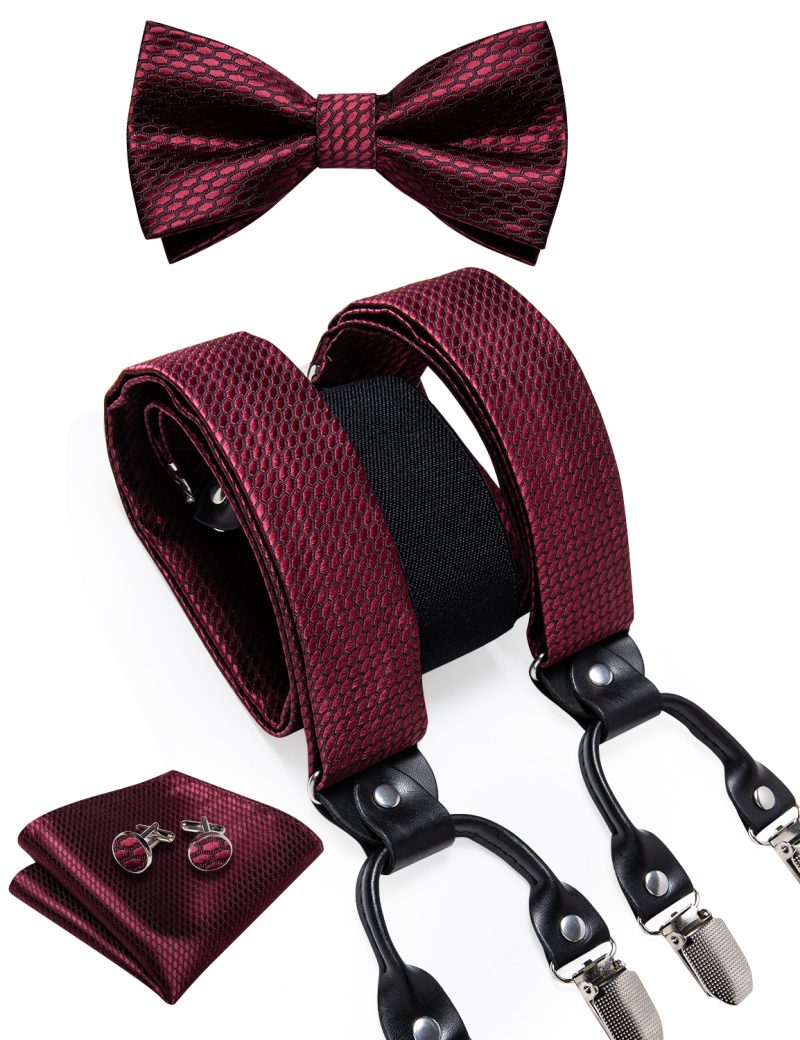 DiBanGu Luxury Purple Silk Men's Suspenders Leather Metal 6 Clips Adjustable Braces Pre-Tied Bow Tie Pocket Square Set 4008 - Image 40