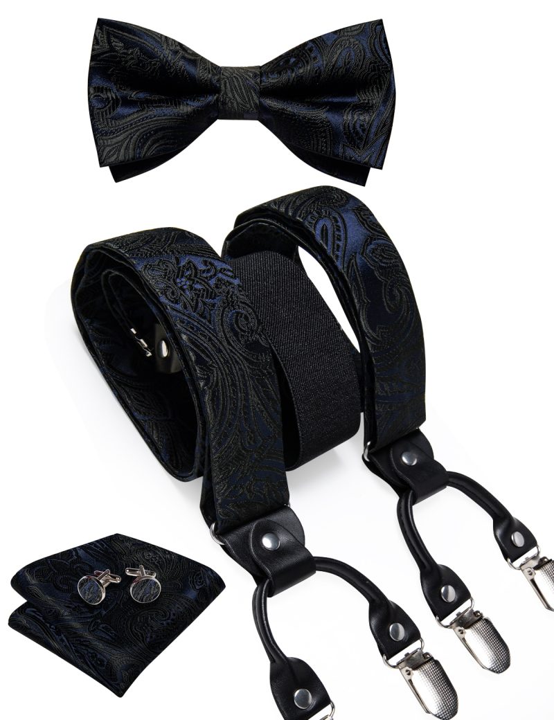 DiBanGu Luxury Purple Silk Men's Suspenders Leather Metal 6 Clips Adjustable Braces Pre-Tied Bow Tie Pocket Square Set 4008 - Image 41
