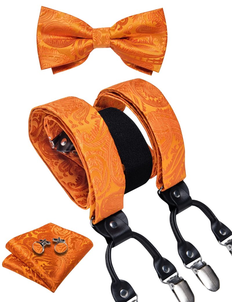 DiBanGu Luxury Purple Silk Men's Suspenders Leather Metal 6 Clips Adjustable Braces Pre-Tied Bow Tie Pocket Square Set 4008 - Image 42