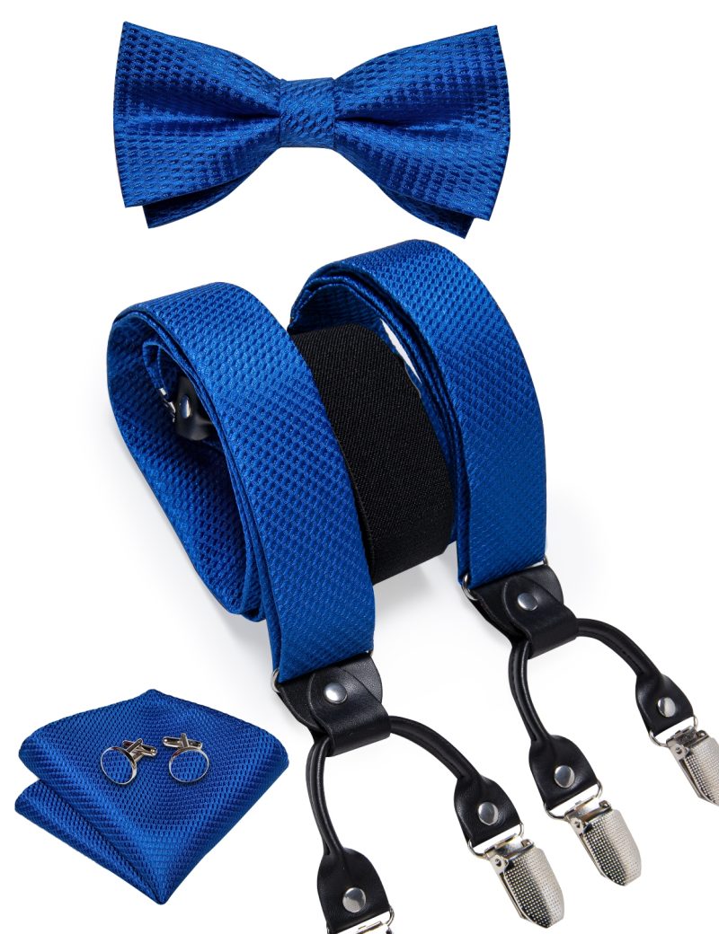 DiBanGu Luxury Purple Silk Men's Suspenders Leather Metal 6 Clips Adjustable Braces Pre-Tied Bow Tie Pocket Square Set 4008 - Image 43