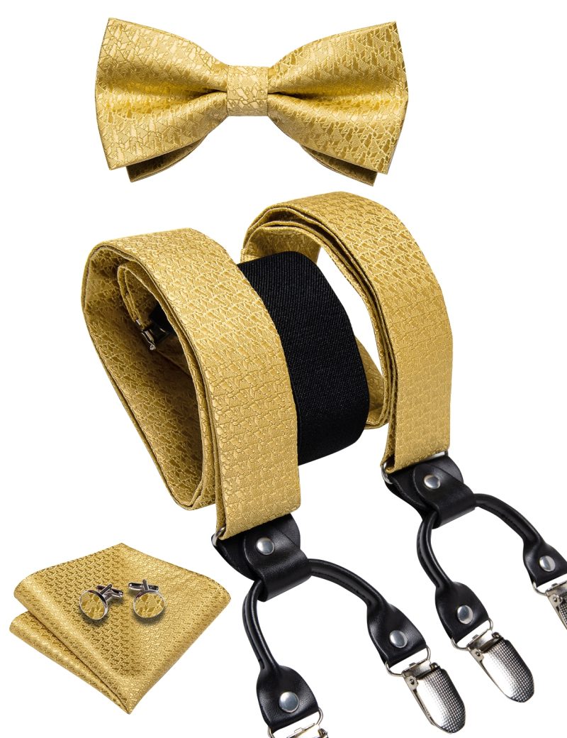 DiBanGu Luxury Purple Silk Men's Suspenders Leather Metal 6 Clips Adjustable Braces Pre-Tied Bow Tie Pocket Square Set 4008 - Image 44