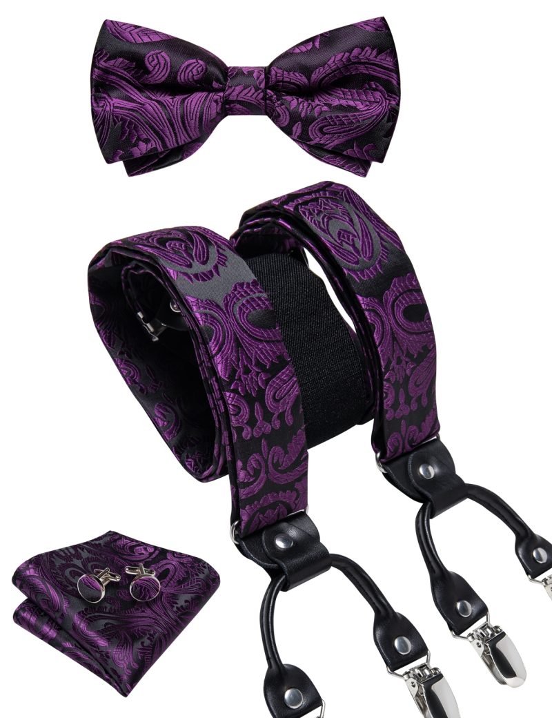 DiBanGu Luxury Purple Silk Men's Suspenders Leather Metal 6 Clips Adjustable Braces Pre-Tied Bow Tie Pocket Square Set 4008 - Image 45