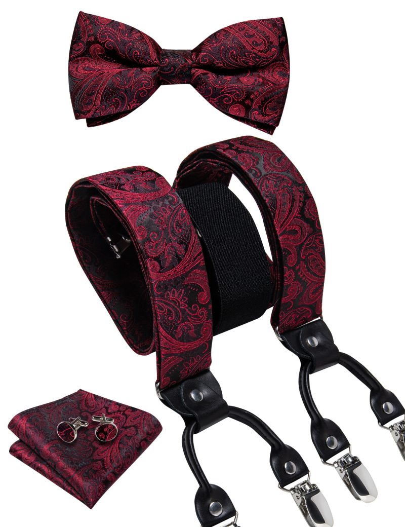DiBanGu Luxury Purple Silk Men's Suspenders Leather Metal 6 Clips Adjustable Braces Pre-Tied Bow Tie Pocket Square Set 4008 - Image 46