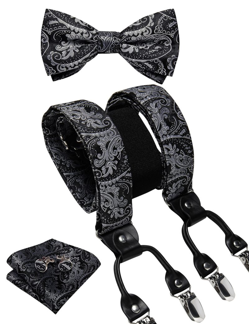 DiBanGu Luxury Purple Silk Men's Suspenders Leather Metal 6 Clips Adjustable Braces Pre-Tied Bow Tie Pocket Square Set 4008 - Image 47