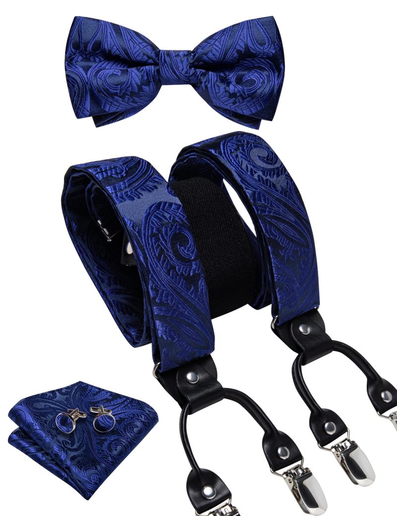 DiBanGu Luxury Purple Silk Men's Suspenders Leather Metal 6 Clips Adjustable Braces Pre-Tied Bow Tie Pocket Square Set 4008 - Image 48