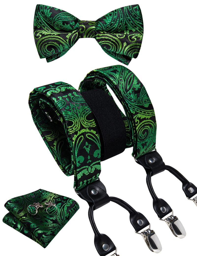 DiBanGu Luxury Purple Silk Men's Suspenders Leather Metal 6 Clips Adjustable Braces Pre-Tied Bow Tie Pocket Square Set 4008 - Image 50