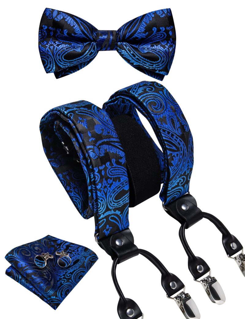 DiBanGu Luxury Purple Silk Men's Suspenders Leather Metal 6 Clips Adjustable Braces Pre-Tied Bow Tie Pocket Square Set 4008 - Image 51