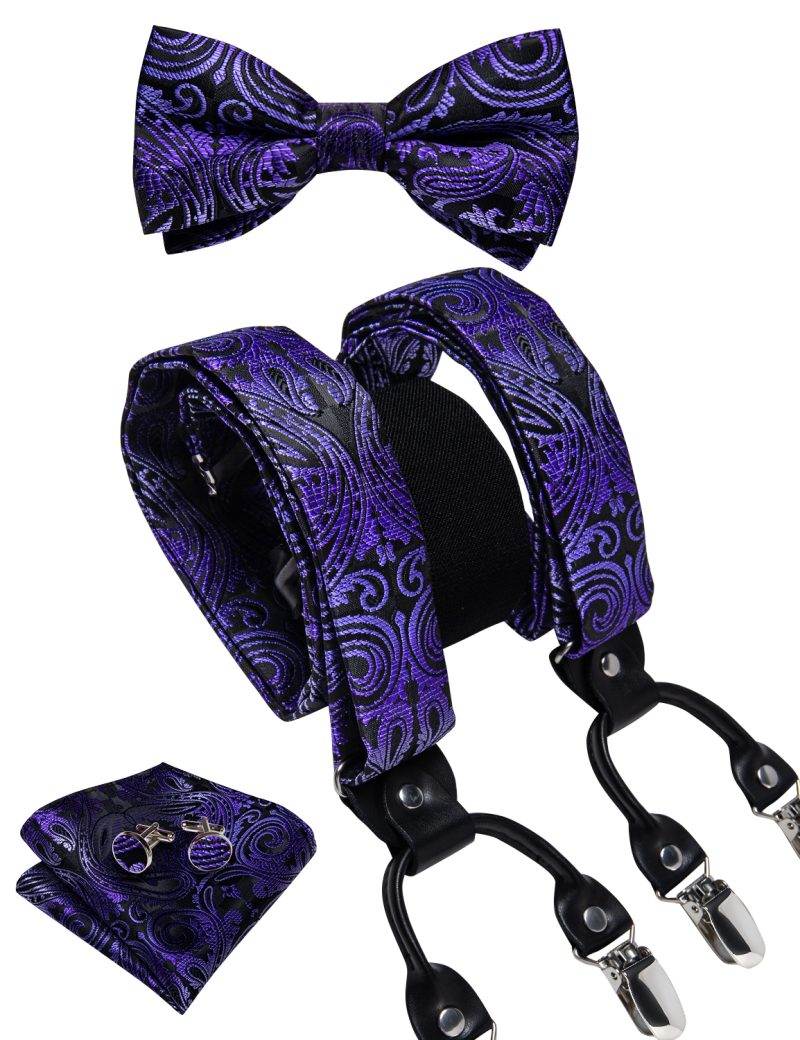 DiBanGu Luxury Purple Silk Men's Suspenders Leather Metal 6 Clips Adjustable Braces Pre-Tied Bow Tie Pocket Square Set 4008 - Image 52