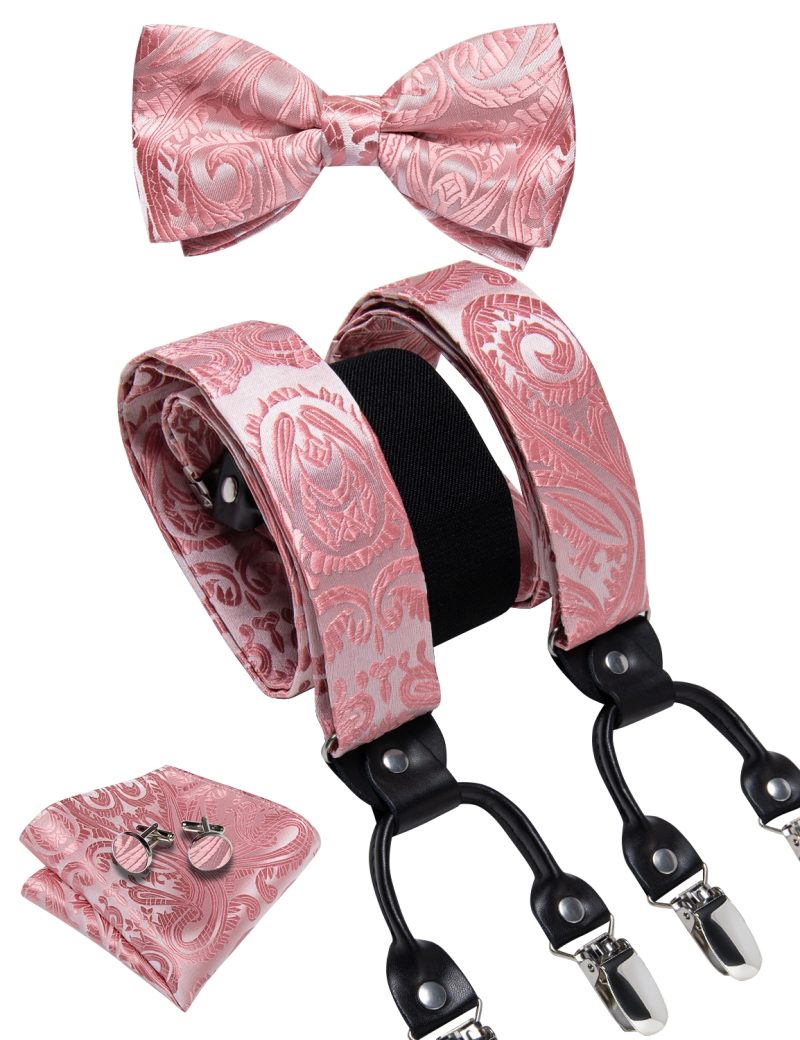 DiBanGu Luxury Purple Silk Men's Suspenders Leather Metal 6 Clips Adjustable Braces Pre-Tied Bow Tie Pocket Square Set 4008 - Image 53