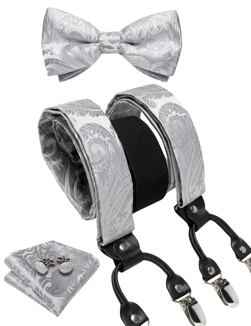 DiBanGu Luxury Purple Silk Men's Suspenders Leather Metal 6 Clips Adjustable Braces Pre-Tied Bow Tie Pocket Square Set 4008 - Image 54