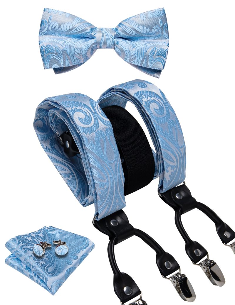 DiBanGu Luxury Purple Silk Men's Suspenders Leather Metal 6 Clips Adjustable Braces Pre-Tied Bow Tie Pocket Square Set 4008 - Image 55