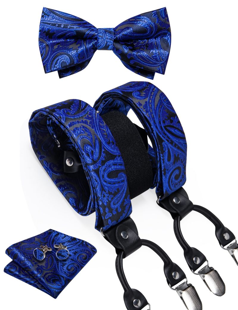 DiBanGu Luxury Purple Silk Men's Suspenders Leather Metal 6 Clips Adjustable Braces Pre-Tied Bow Tie Pocket Square Set 4008 - Image 56