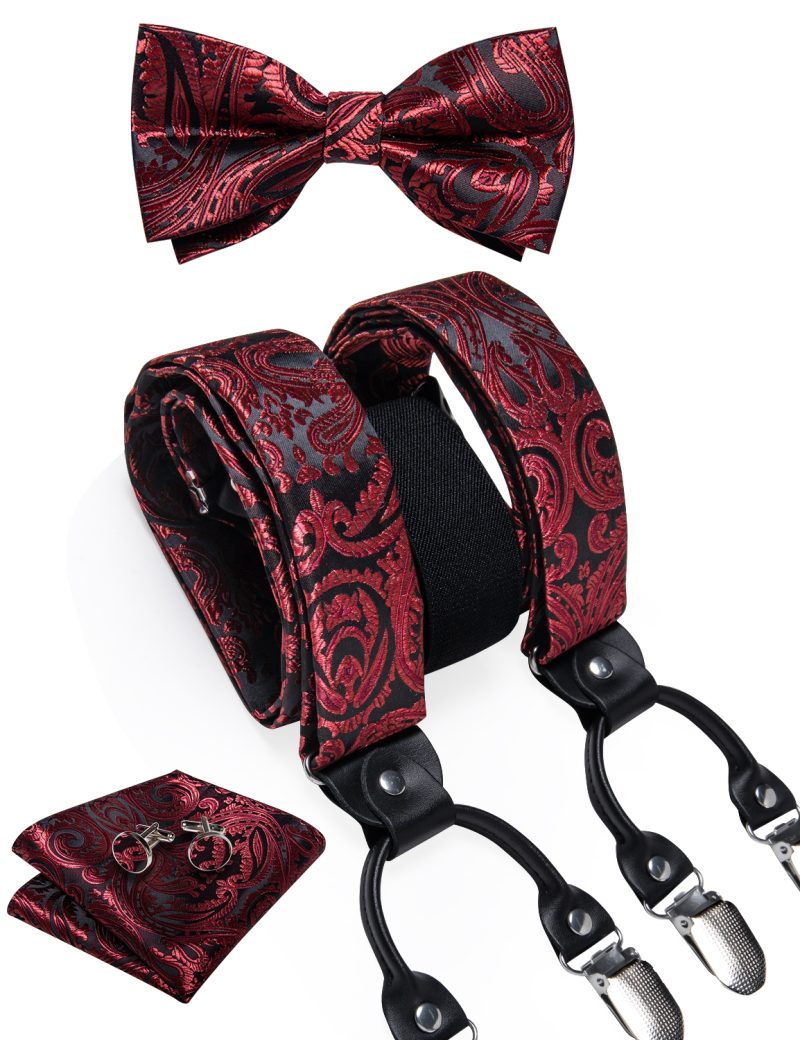 DiBanGu Luxury Purple Silk Men's Suspenders Leather Metal 6 Clips Adjustable Braces Pre-Tied Bow Tie Pocket Square Set 4008 - Image 57