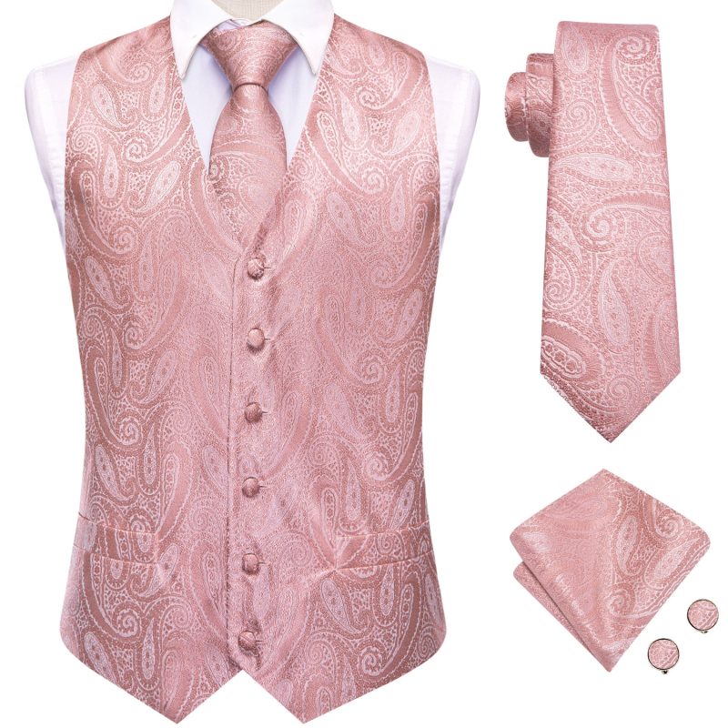 Wedding Peach Pink Mens Vests Silk Paisley Jacquard Waistcoat Tie Hanky Cufflinks Brooch Set for Men Suit Formal Business Hi-Tie - Image 2
