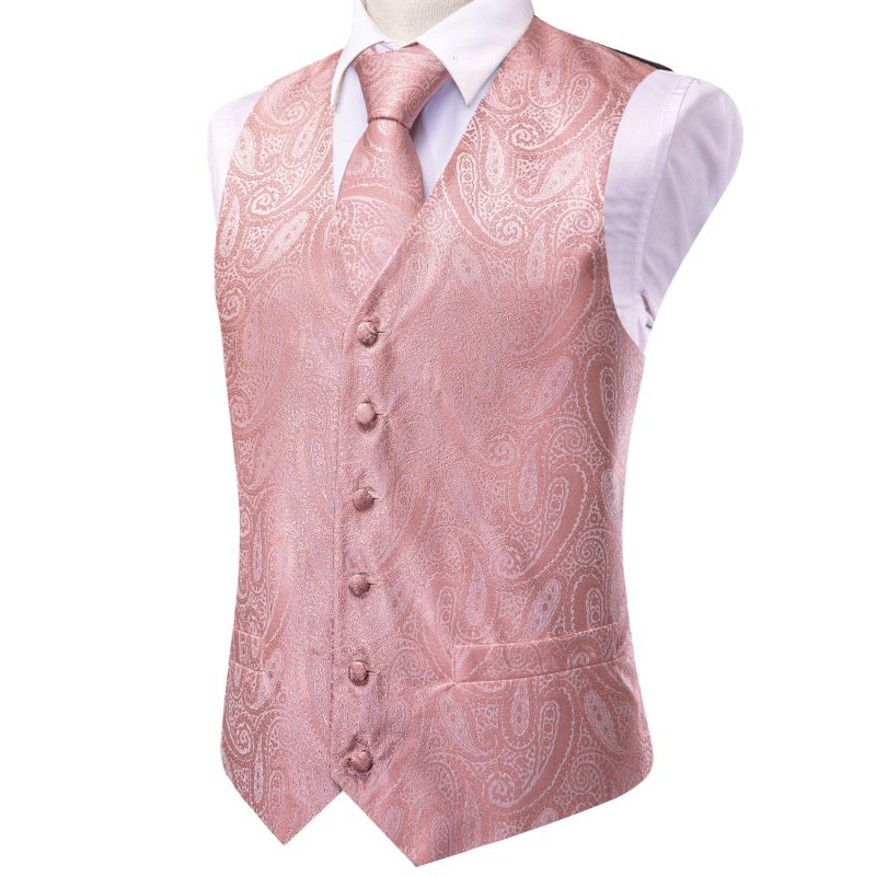 Wedding Peach Pink Mens Vests Silk Paisley Jacquard Waistcoat Tie Hanky Cufflinks Brooch Set for Men Suit Formal Business Hi-Tie - Image 3