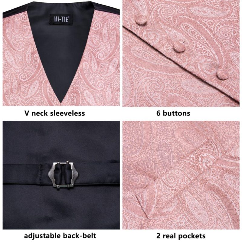 Wedding Peach Pink Mens Vests Silk Paisley Jacquard Waistcoat Tie Hanky Cufflinks Brooch Set for Men Suit Formal Business Hi-Tie - Image 4