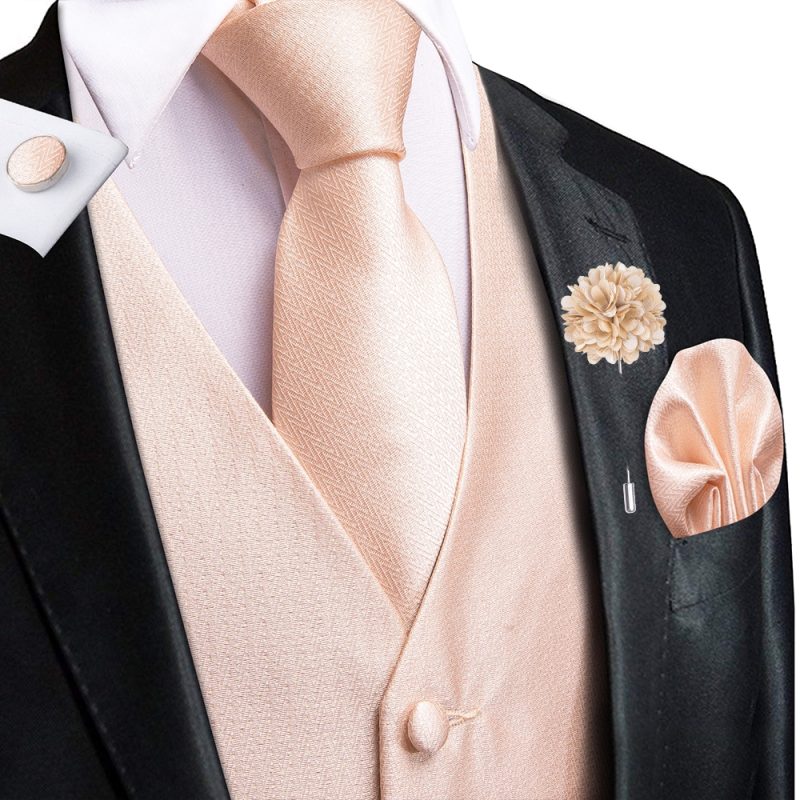 Wedding Peach Pink Mens Vests Silk Paisley Jacquard Waistcoat Tie Hanky Cufflinks Brooch Set for Men Suit Formal Business Hi-Tie - Image 7