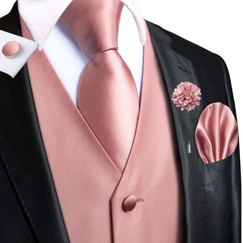 Wedding Peach Pink Mens Vests Silk Paisley Jacquard Waistcoat Tie Hanky Cufflinks Brooch Set for Men Suit Formal Business Hi-Tie - Image 8