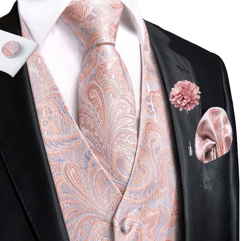 Wedding Peach Pink Mens Vests Silk Paisley Jacquard Waistcoat Tie Hanky Cufflinks Brooch Set for Men Suit Formal Business Hi-Tie - Image 9