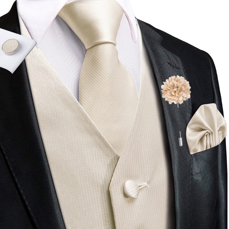 Wedding Peach Pink Mens Vests Silk Paisley Jacquard Waistcoat Tie Hanky Cufflinks Brooch Set for Men Suit Formal Business Hi-Tie - Image 12
