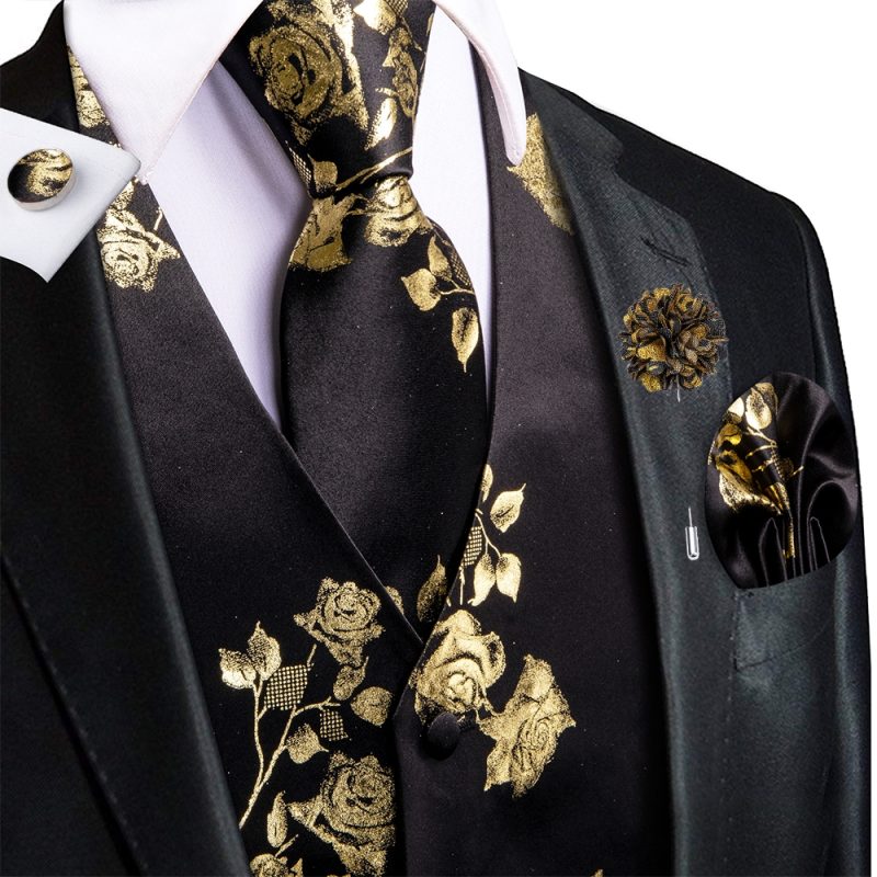 Wedding Peach Pink Mens Vests Silk Paisley Jacquard Waistcoat Tie Hanky Cufflinks Brooch Set for Men Suit Formal Business Hi-Tie - Image 15