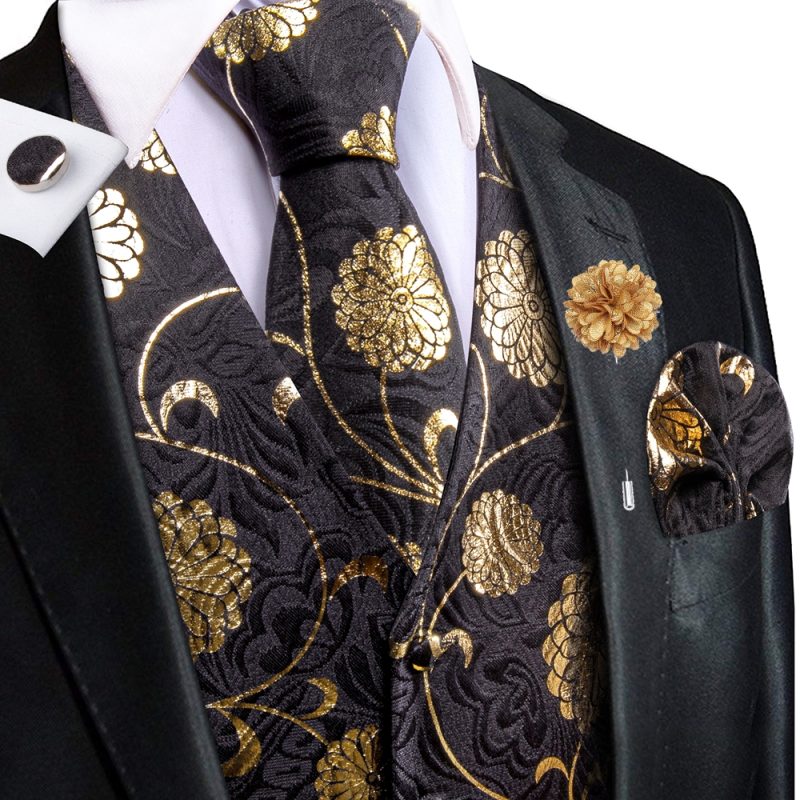 Wedding Peach Pink Mens Vests Silk Paisley Jacquard Waistcoat Tie Hanky Cufflinks Brooch Set for Men Suit Formal Business Hi-Tie - Image 17