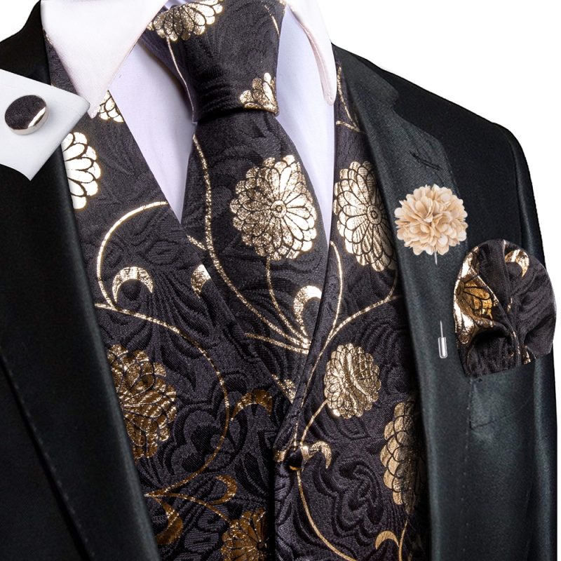 Wedding Peach Pink Mens Vests Silk Paisley Jacquard Waistcoat Tie Hanky Cufflinks Brooch Set for Men Suit Formal Business Hi-Tie - Image 18