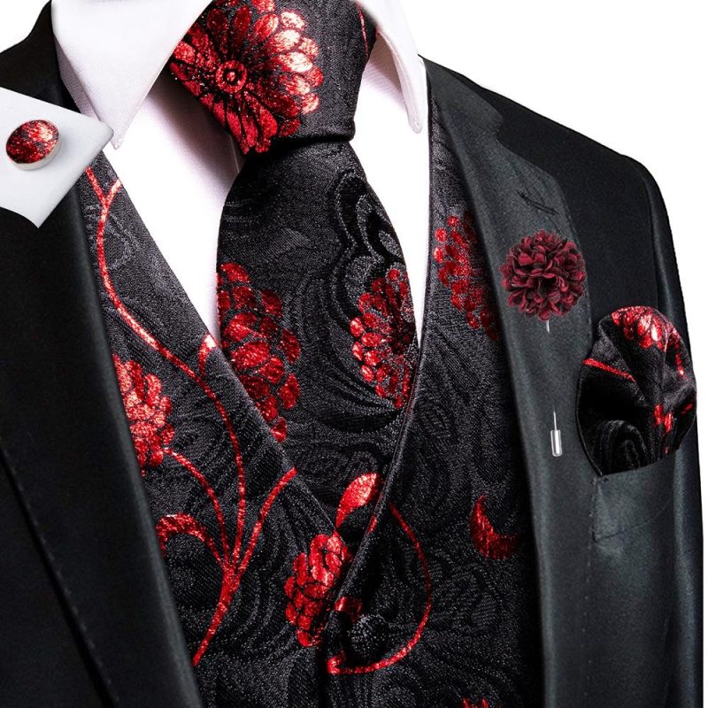 Wedding Peach Pink Mens Vests Silk Paisley Jacquard Waistcoat Tie Hanky Cufflinks Brooch Set for Men Suit Formal Business Hi-Tie - Image 19