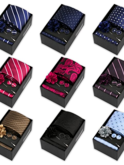 High Quality Tie Set Box Elegant Ties For Men Necktie Handchief Cufflinks Brooch 4Pcs Set Suit Accessories Business Wedding Gift