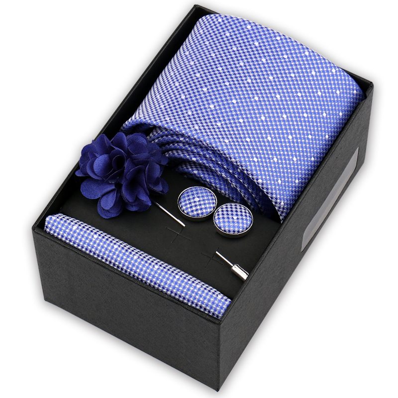 High Quality Tie Set Box Elegant Ties For Men Necktie Handchief Cufflinks Brooch 4Pcs Set Suit Accessories Business Wedding Gift - Image 3