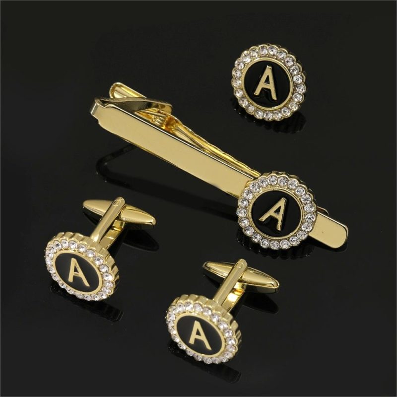 1 Set Of A-B-Z Letters Capital Initial Cufflinks And Tie Clip Jewelry Mens Crystal Round Cuff Links Father's Day Birthday Gift