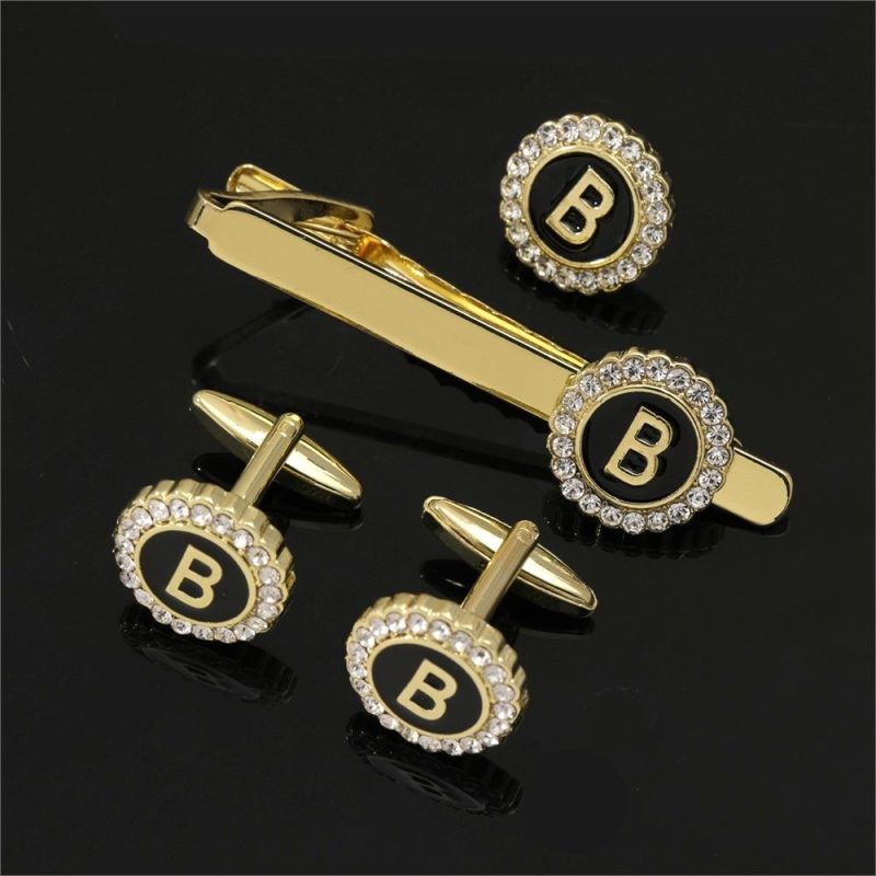 1 Set Of A-B-Z Letters Capital Initial Cufflinks And Tie Clip Jewelry Mens Crystal Round Cuff Links Father's Day Birthday Gift - Image 2