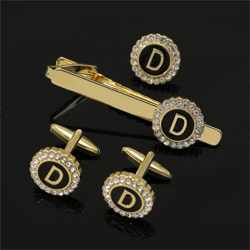 1 Set Of A-B-Z Letters Capital Initial Cufflinks And Tie Clip Jewelry Mens Crystal Round Cuff Links Father's Day Birthday Gift - Image 3