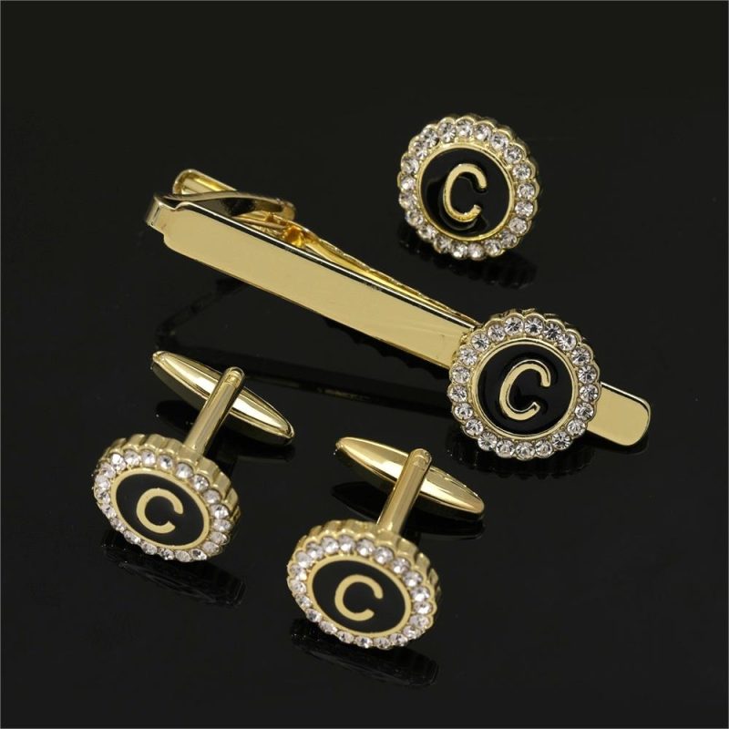 1 Set Of A-B-Z Letters Capital Initial Cufflinks And Tie Clip Jewelry Mens Crystal Round Cuff Links Father's Day Birthday Gift - Image 4