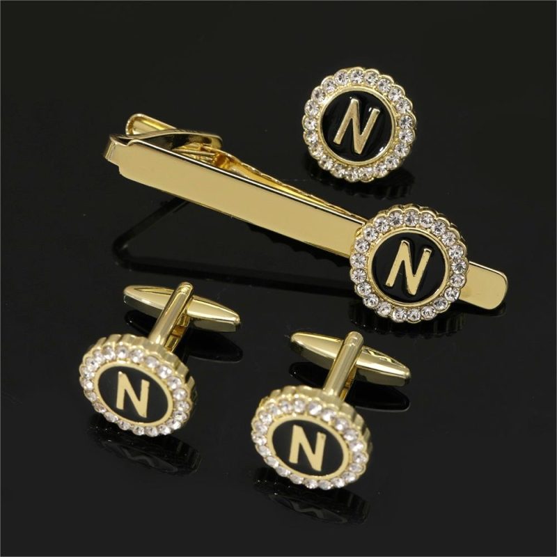 1 Set Of A-B-Z Letters Capital Initial Cufflinks And Tie Clip Jewelry Mens Crystal Round Cuff Links Father's Day Birthday Gift - Image 5