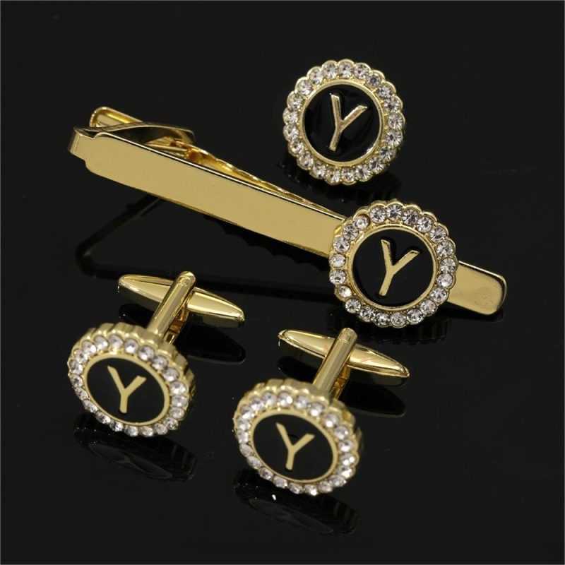 1 Set Of A-B-Z Letters Capital Initial Cufflinks And Tie Clip Jewelry Mens Crystal Round Cuff Links Father's Day Birthday Gift - Image 7
