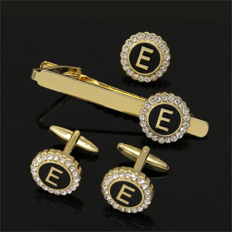 1 Set Of A-B-Z Letters Capital Initial Cufflinks And Tie Clip Jewelry Mens Crystal Round Cuff Links Father's Day Birthday Gift - Image 8