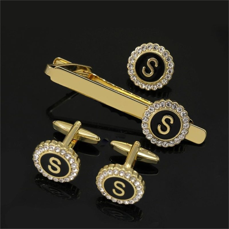 1 Set Of A-B-Z Letters Capital Initial Cufflinks And Tie Clip Jewelry Mens Crystal Round Cuff Links Father's Day Birthday Gift - Image 9