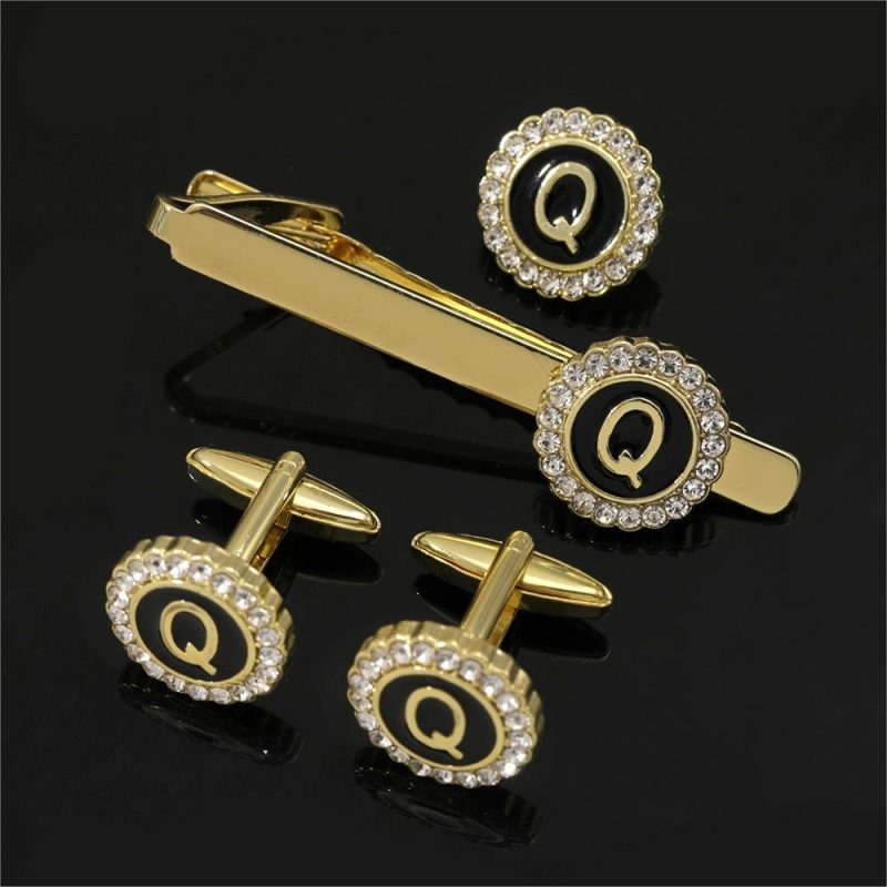 1 Set Of A-B-Z Letters Capital Initial Cufflinks And Tie Clip Jewelry Mens Crystal Round Cuff Links Father's Day Birthday Gift - Image 10