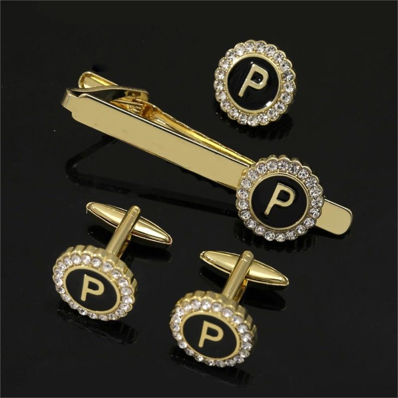 1 Set Of A-B-Z Letters Capital Initial Cufflinks And Tie Clip Jewelry Mens Crystal Round Cuff Links Father's Day Birthday Gift - Image 11