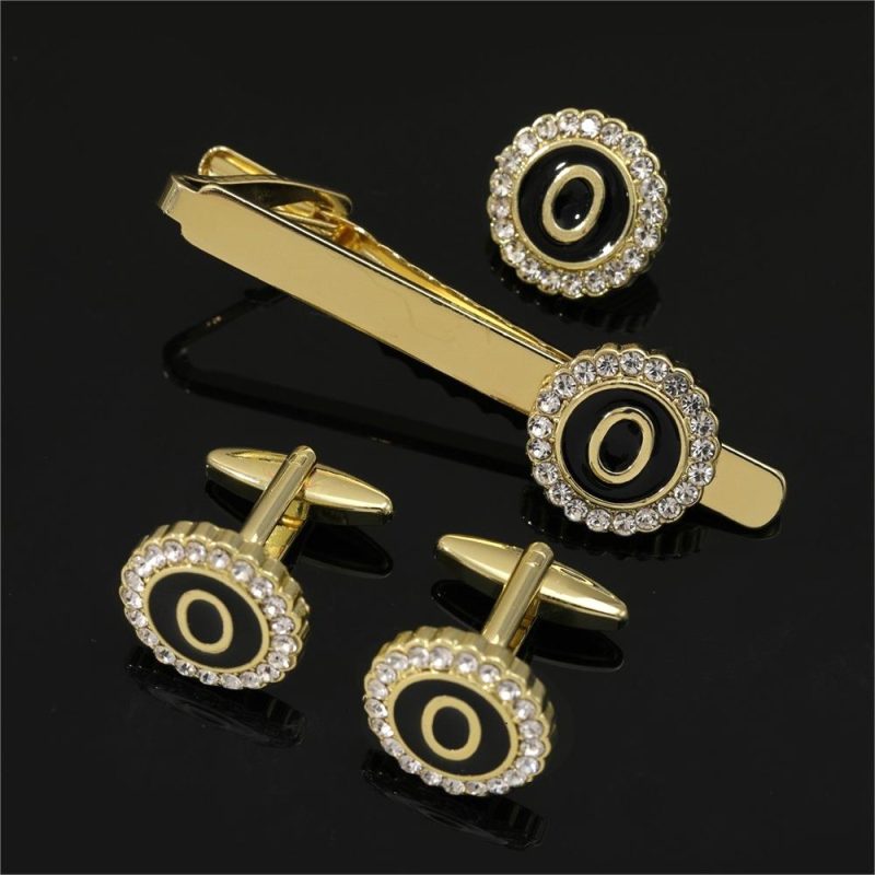 1 Set Of A-B-Z Letters Capital Initial Cufflinks And Tie Clip Jewelry Mens Crystal Round Cuff Links Father's Day Birthday Gift - Image 12